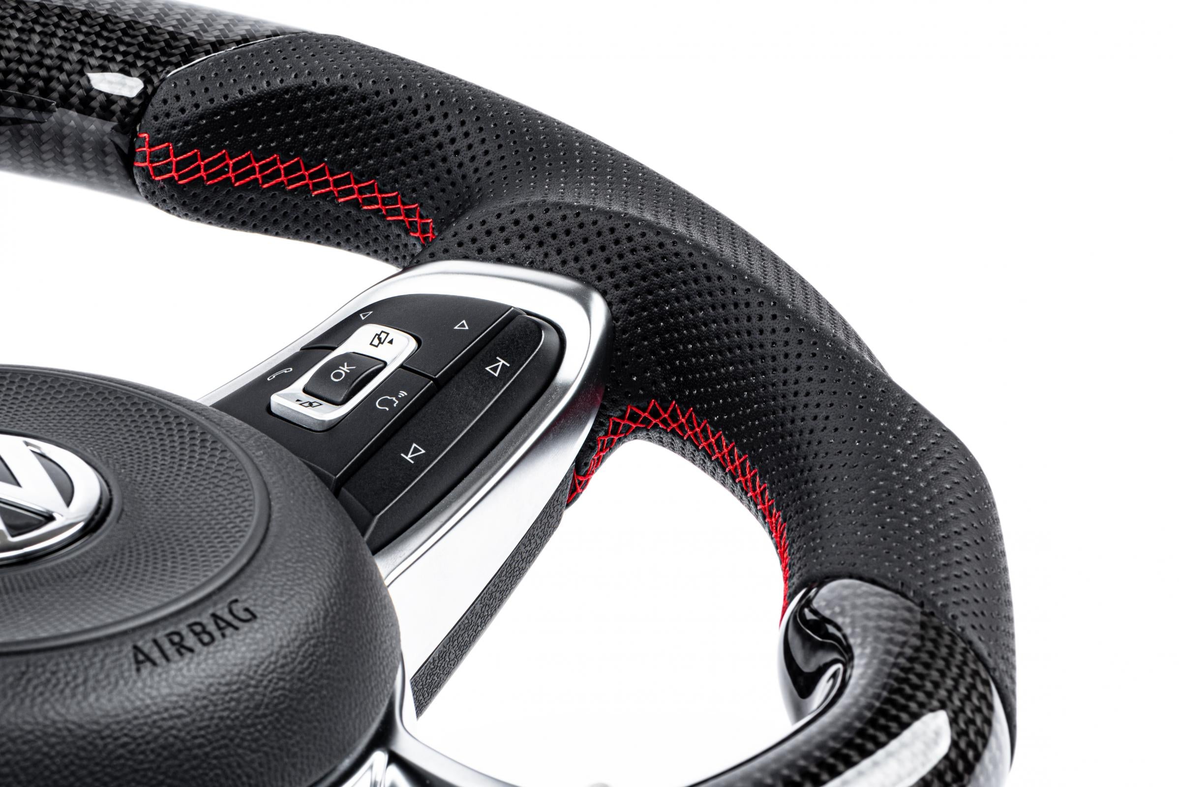 Steering Wheel Carbon Fiber & Perforated Leather MK7 GTI/GLI Red (For use with Paddles) Fits VW Golf R 15-19, GTI 15-21, Jetta 15-24 APR