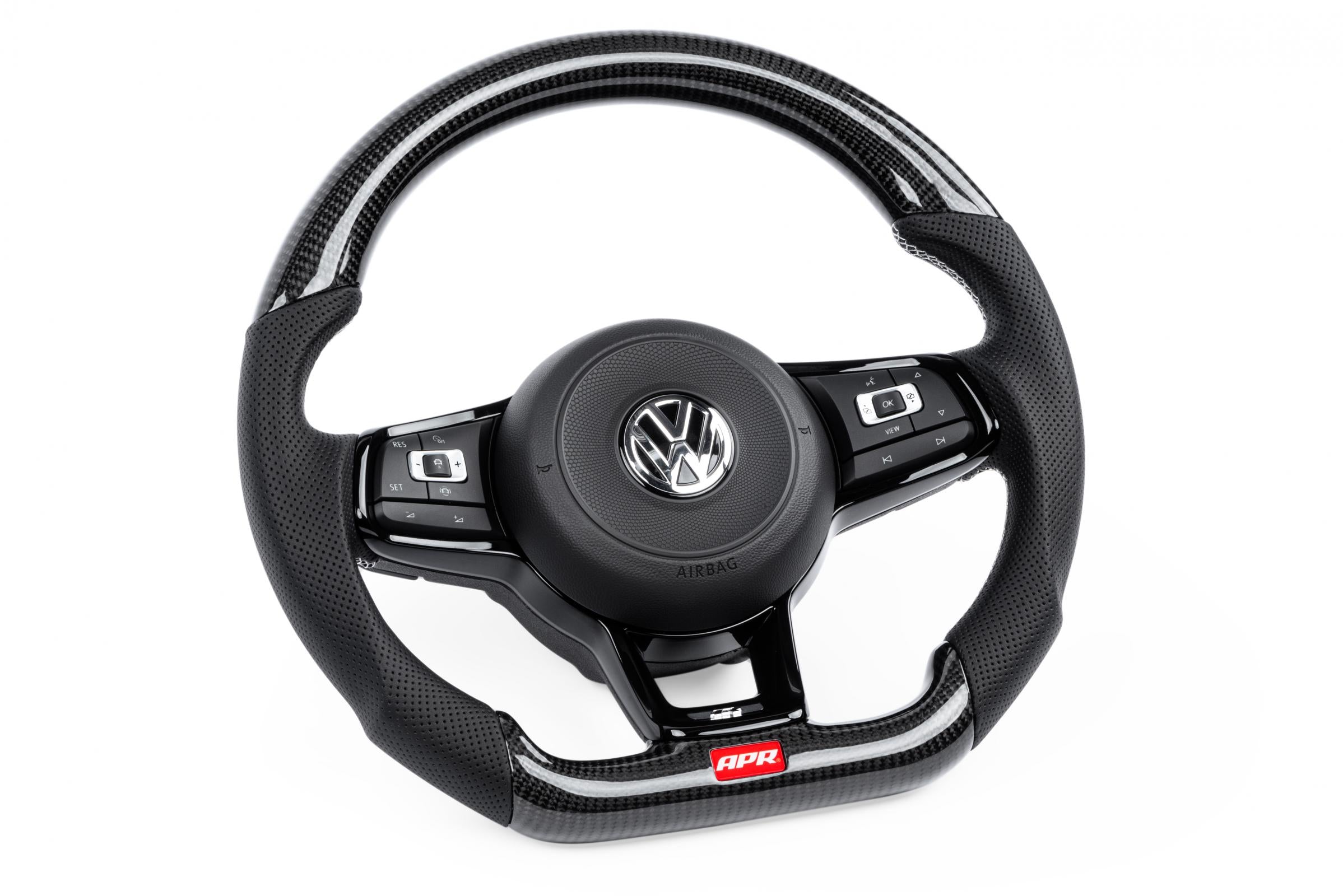 Steering Wheel Carbon Fiber & Perforated Leather MK7 Golf R Silver (For use without Paddles) Fits VW Golf R 15-19, GTI 15-21, Jetta 15-24 APR