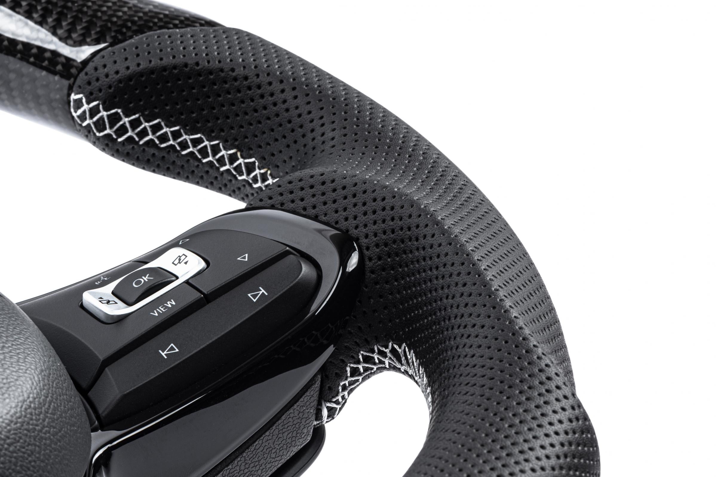 Steering Wheel Carbon Fiber & Perforated Leather MK7 Golf R Silver (For use without Paddles) Fits VW Golf R 15-19, GTI 15-21, Jetta 15-24 APR